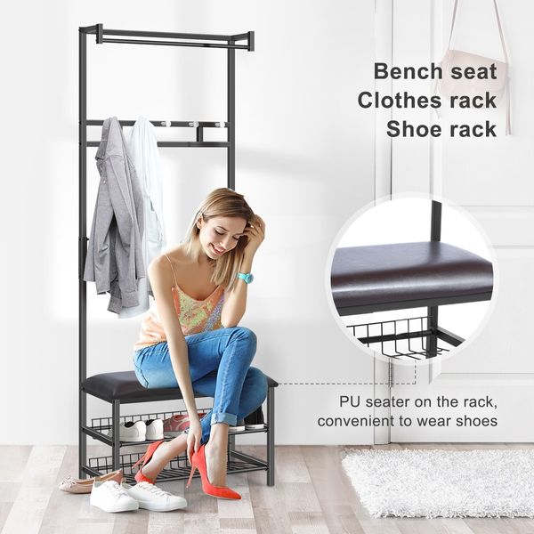 New 4 In 1 Coat Rack Bench Clothes Rack Entryway Shoes Storage Shelf Metal Stand