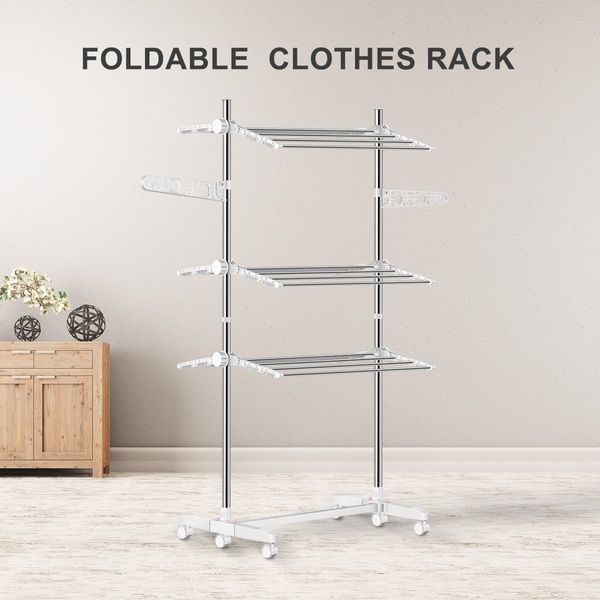 Foldable Clothes Airer Drying Rack Indoor Outdoor Laundry Hanger W/ 6 Wheels