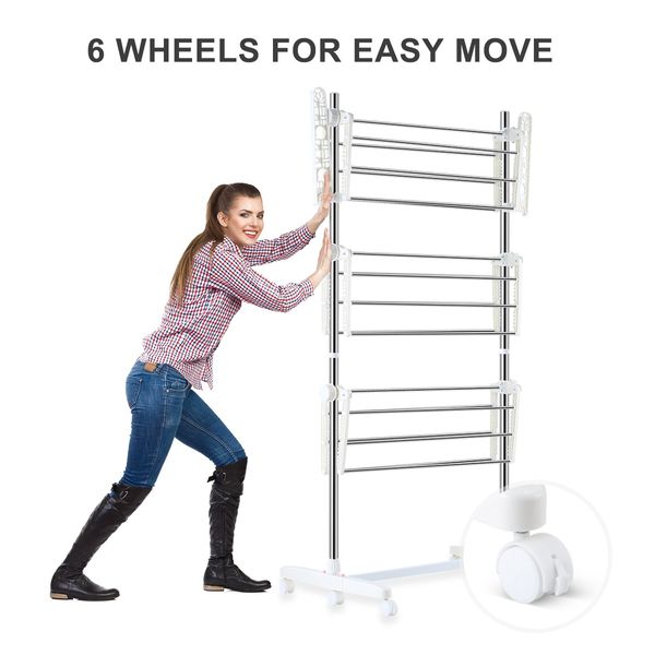 Foldable Clothes Airer Drying Rack Indoor Outdoor Laundry Hanger W/ 6 Wheels