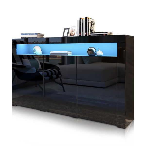 Modern 3 Doors Buffet Sideboard Dresser Storage Cabinet High Gloss Cupboard - Black