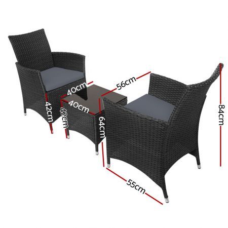 Gardeon 3PC Outdoor Bistro Set Patio Furniture Wicker Chairs Table Cushion All Black