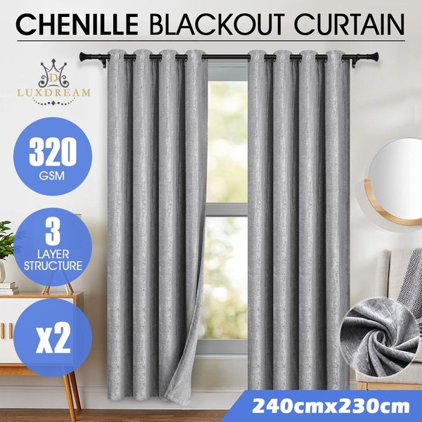 LUXDREAM 2X Chenille Blockout Curtains 3-Layer Darkening Drapes 240X230CM Silver