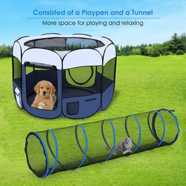 8 Panels Portable Pet Playpen Tent Puppy Dog Cat Kennel Crate Cage Enclosure 144cm w/Tunnel