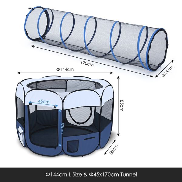 8 Panels Portable Pet Playpen Tent Puppy Dog Cat Kennel Crate Cage Enclosure 144cm w/Tunnel