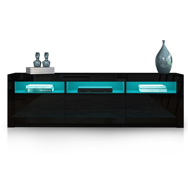 Modern TV Stand Cabinet 160cm Wood Entertainment Unit High Gloss Furniture w/2 Drawers 2 Doors Black