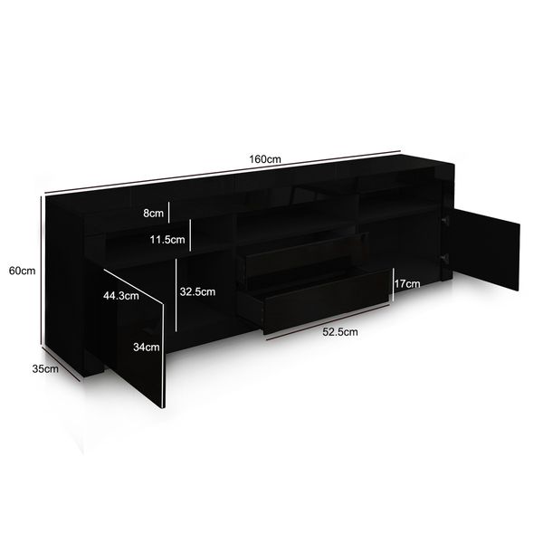 Modern TV Stand Cabinet 160cm Wood Entertainment Unit High Gloss Furniture w/2 Drawers 2 Doors Black