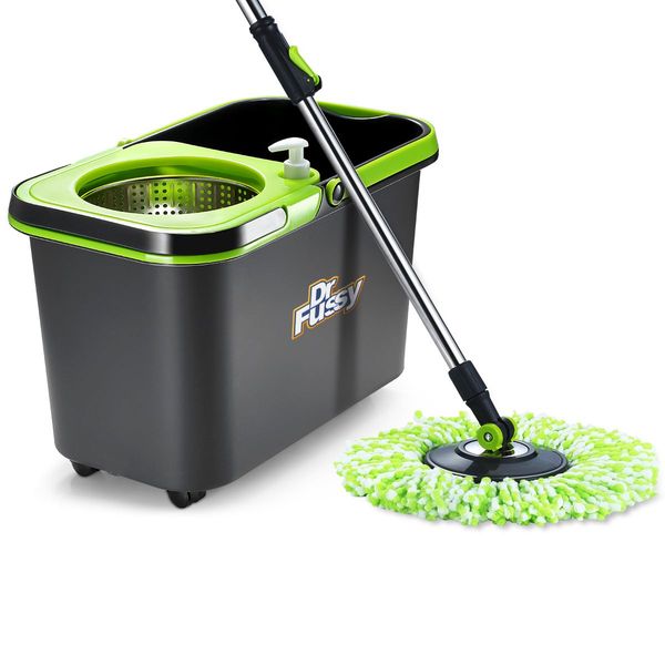 Spin Mop Bucket 360 Degree System Adjustable Handle With 4 Swivel Mops  DR FUSSY