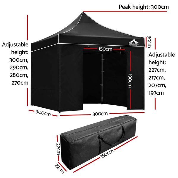 Instahut Aluminium Gazebo Pop Marquee Up 3x3m Outdoor Gazebos Wedding Tent Black