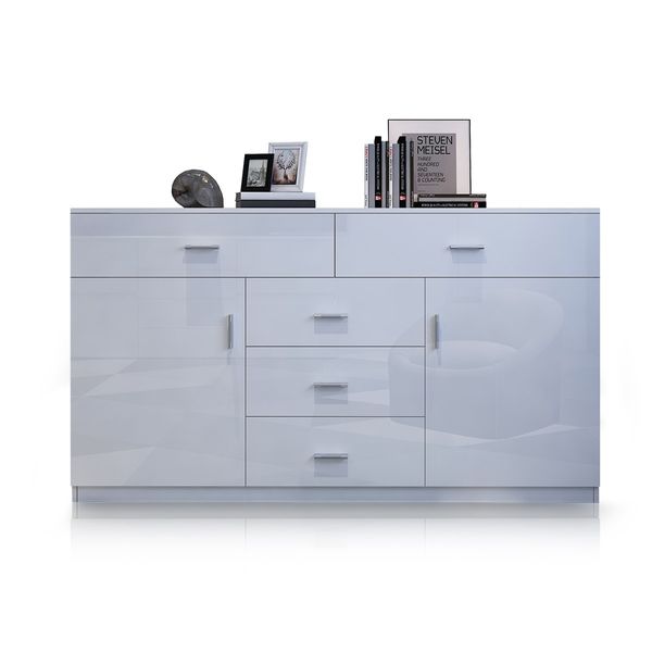 Buffet Table Sideboard Cabinet High Gloss Storage Cupboard w/2 Doors & 5 Drawers - White