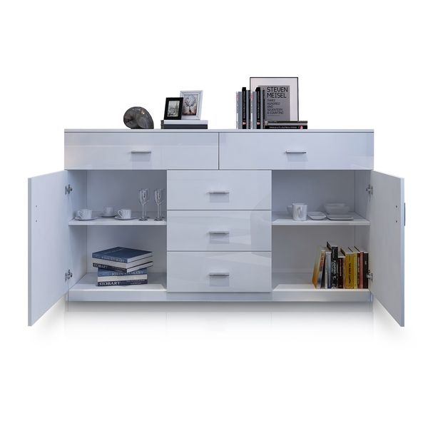 Buffet Table Sideboard Cabinet High Gloss Storage Cupboard w/2 Doors & 5 Drawers - White