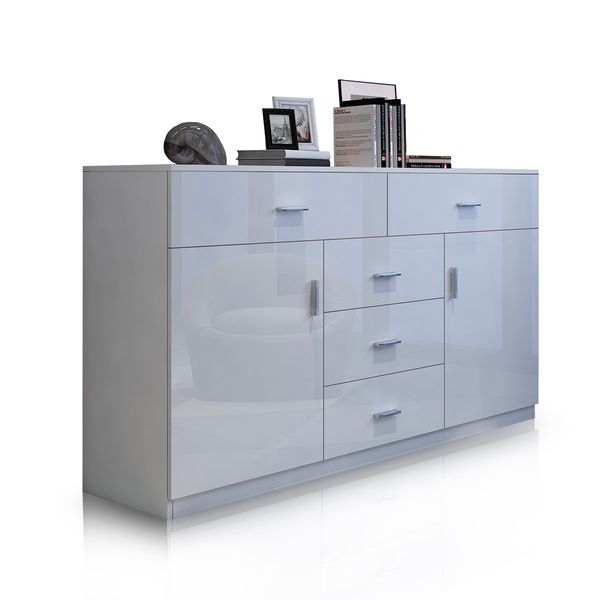 Buffet Table Sideboard Cabinet High Gloss Storage Cupboard w/2 Doors & 5 Drawers - White