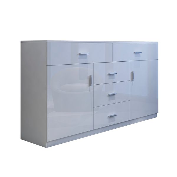 Buffet Table Sideboard Cabinet High Gloss Storage Cupboard w/2 Doors & 5 Drawers - White