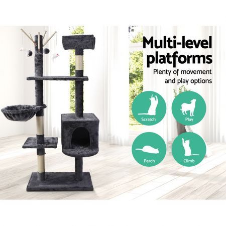 i.Pet Cat Tree 140cm Tower Scratching Post Scratcher Trees Toys Condo Bed Grey