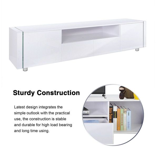 205cm TV Stand Cabinet Wood Entertainment Unit Storage Shelf w/ 2 Drawers & 2 Doors - White