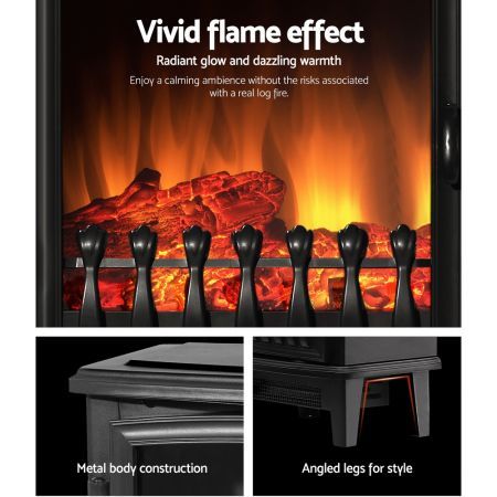 Devanti Electric Fireplace Heater Portable Fire Log Wood Effect Single Door 1800W Black