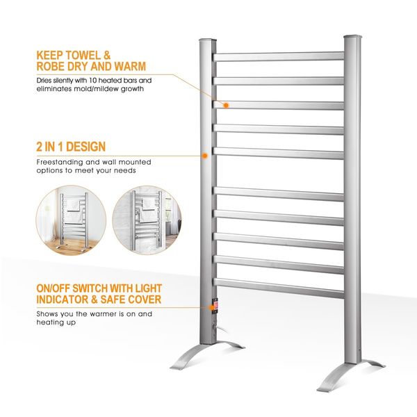 2-in-1 Electric Heated Towel Rail Bathroom 10 Bars Rack Warmer Free Standing Wall Mount