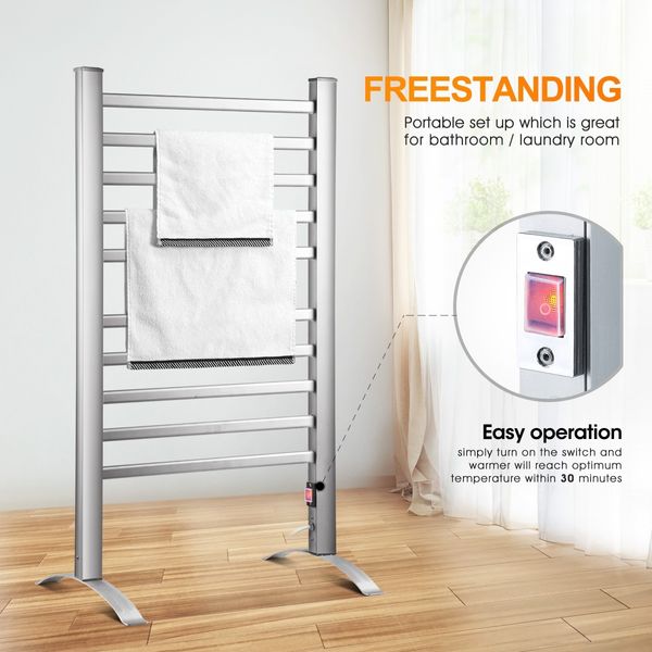 2-in-1 Electric Heated Towel Rail Bathroom 10 Bars Rack Warmer Free Standing Wall Mount