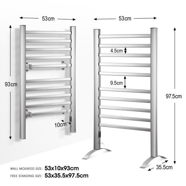 2-in-1 Electric Heated Towel Rail Bathroom 10 Bars Rack Warmer Free Standing Wall Mount