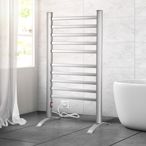 2-in-1 Electric Heated Towel Rail Bathroom 10 Bars Rack Warmer Free Standing Wall Mount