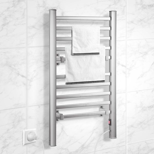 2-in-1 Electric Heated Towel Rail Bathroom 10 Bars Rack Warmer Free Standing Wall Mount