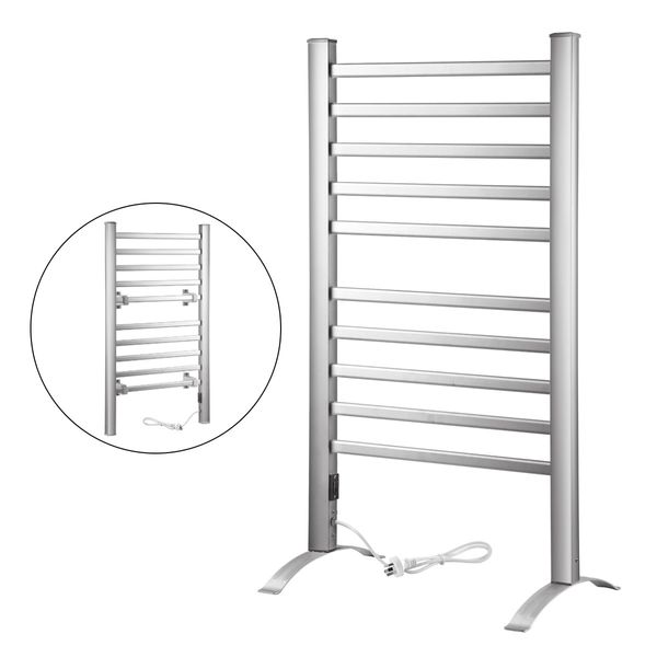 2-in-1 Electric Heated Towel Rail Bathroom 10 Bars Rack Warmer Free Standing Wall Mount