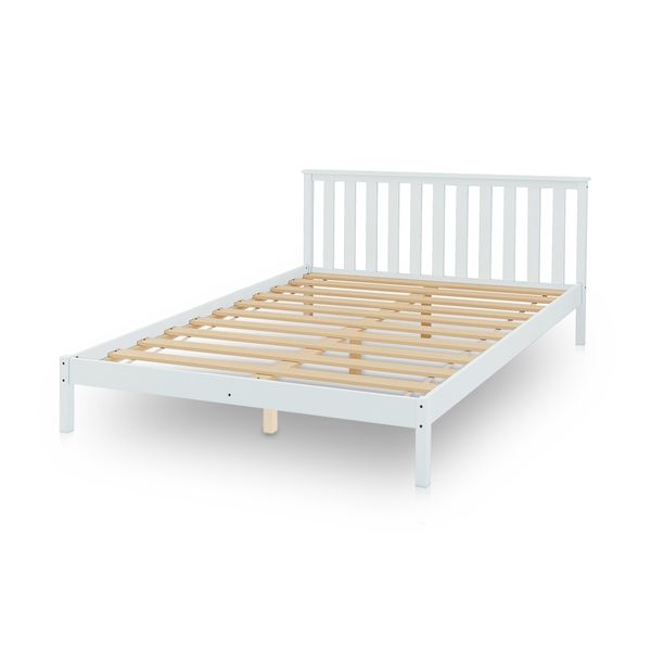 Wooden Bed Frame Queen Size Mattress Base Pine Platform Bedroom Furniture - White