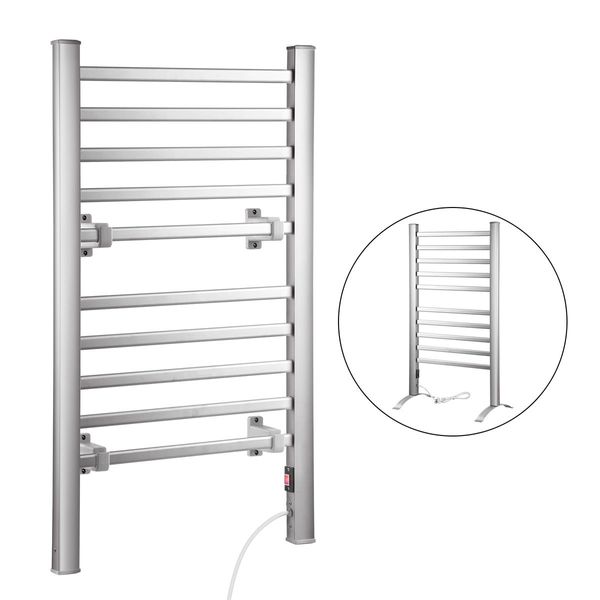 2-in-1 Electric Heated Towel Rail Bathroom 10 Bars Rack Warmer Free Standing Wall Mount