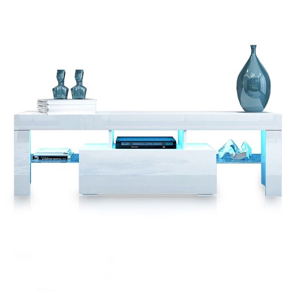 TV Stand Cabinet LED Entertainment Unit 130cm Gloss Wood Storage Drawer Shelf - White