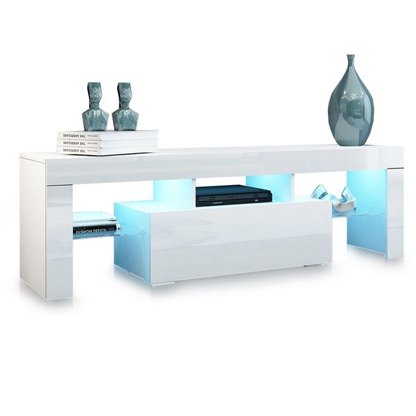 TV Stand Cabinet LED Entertainment Unit 130cm Gloss Wood Storage Drawer Shelf - White