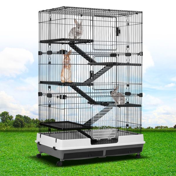 Rabbit Hutch Pet Cat Cage Bunny Ferret Guinea Pig Crate Small Animal House Indoor Outdoor Metal on Wheels 5 Levels