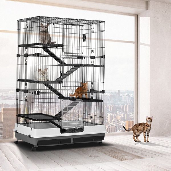 Rabbit Hutch Pet Cat Cage Bunny Ferret Guinea Pig Crate Small Animal House Indoor Outdoor Metal on Wheels 5 Levels