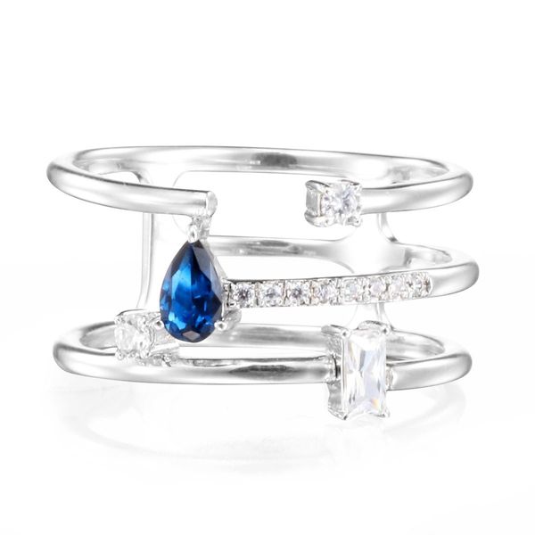 Asymmetry Three-row Ring with Sapphire Emerald Cut Stone Sterling Silver