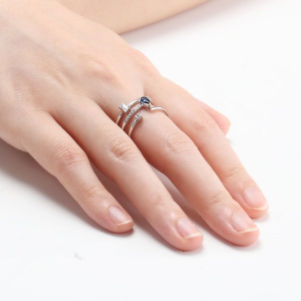 Asymmetry Three-row Ring with Sapphire Emerald Cut Stone Sterling Silver