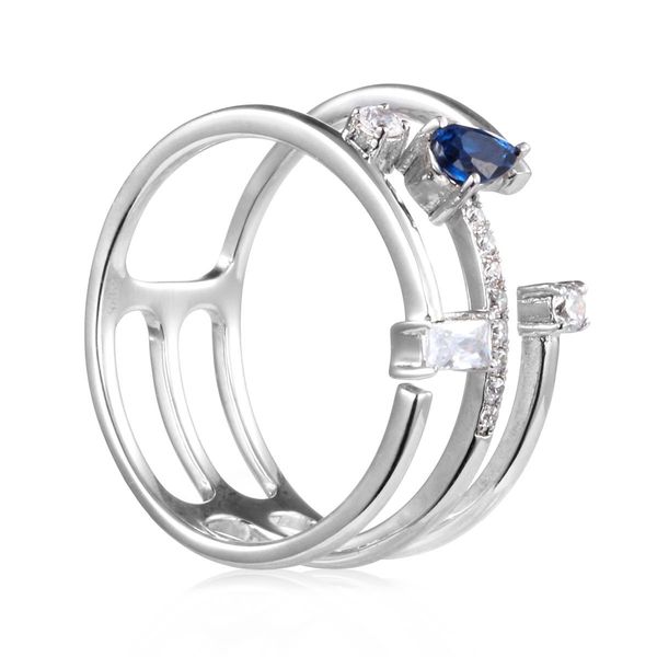 Asymmetry Three-row Ring with Sapphire Emerald Cut Stone Sterling Silver