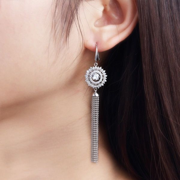 Sterling Silver Long Cubic Stone Tassel Dangle Earrings