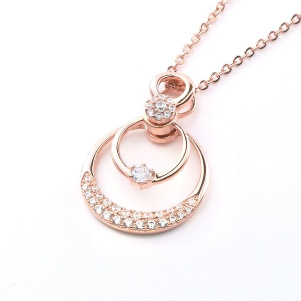 Dual Halo Circle Necklace Pendant Rose Gold Plated Sterling Silver