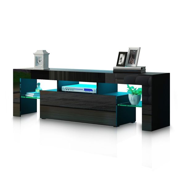 130cm TV Stand Cabinet LED Entertainment Unit Gloss Wood Storage Drawer - Black