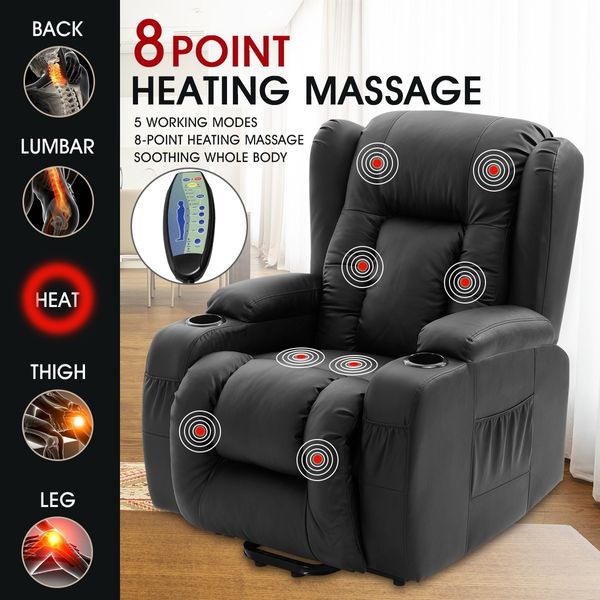 Electric Massage Chair PU Leather Recliner Sofa Lift Motor Armchair 8 Point Heating Seat