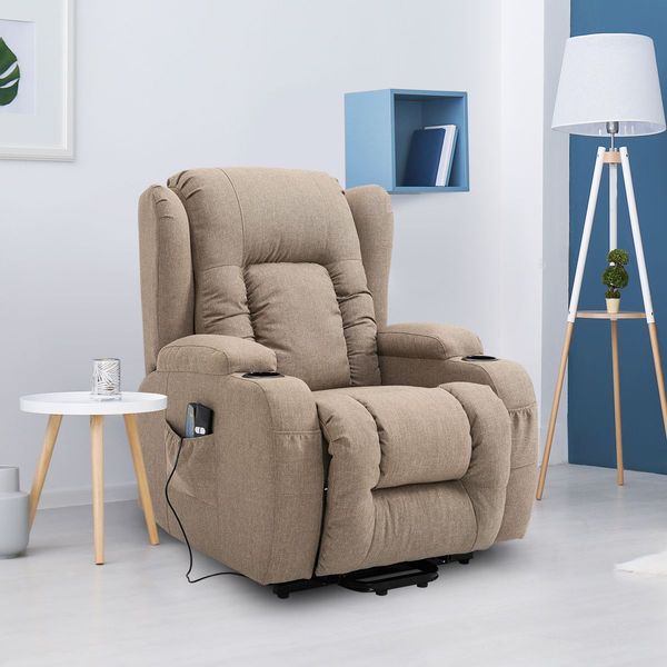 Electric Massage Chair Linen Fabric Recliner Sofa Lift Motor Armchair 8 Point Heating Seat