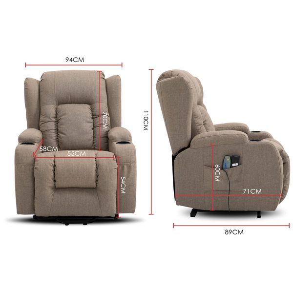 Electric Massage Chair Linen Fabric Recliner Sofa Lift Motor Armchair 8 Point Heating Seat