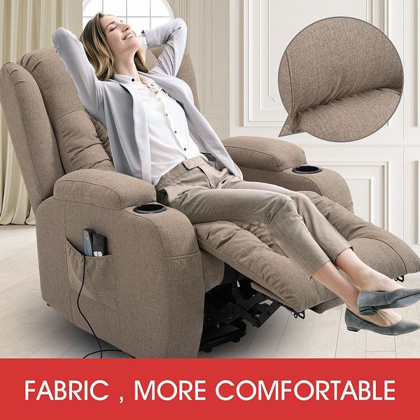 Electric Massage Chair Linen Fabric Recliner Sofa Lift Motor Armchair 8 Point Heating Seat