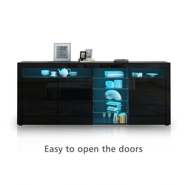 200cm Black Buffet Sideboard Modern 3 Doors Cabinet Storage Cupboard Gloss Front Table w/RGB LED