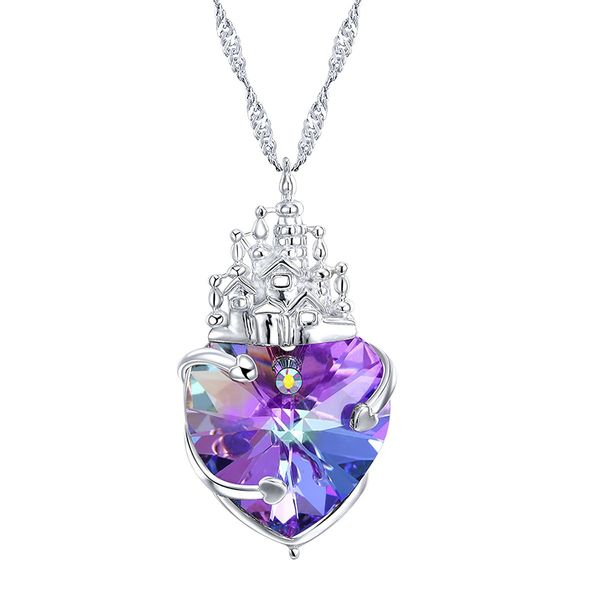 Heart Shaped Castle Crowned Stirling Silver Necklace - Blue Amethyst