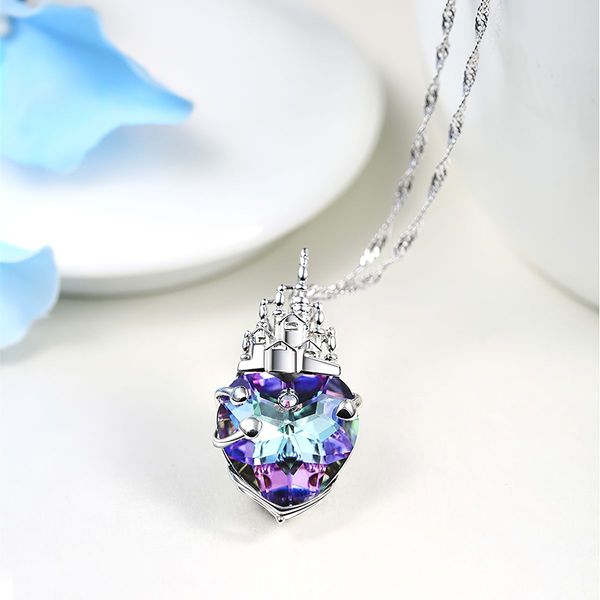 Heart Shaped Castle Crowned Stirling Silver Necklace - Blue Amethyst