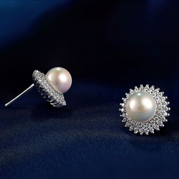 Snowflake Halo Pearl Stud Earrings Sterling Silver Christmas Party Jewellery S925