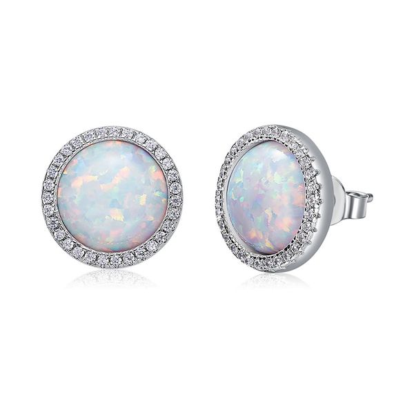 Opal Solitaire Colorful Stud Earrings Round 925 Sterling Silver Fashion Jewelry