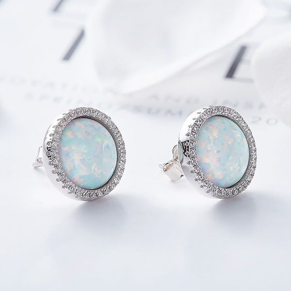 Opal Solitaire Colorful Stud Earrings Round 925 Sterling Silver Fashion Jewelry