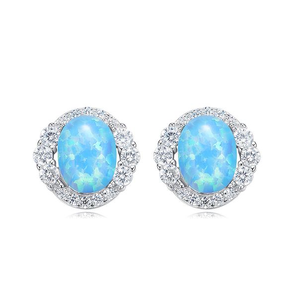 Vintage Round Blue Opal Stone Solitaire Halo Stud Earrings 925 Sterling Silver