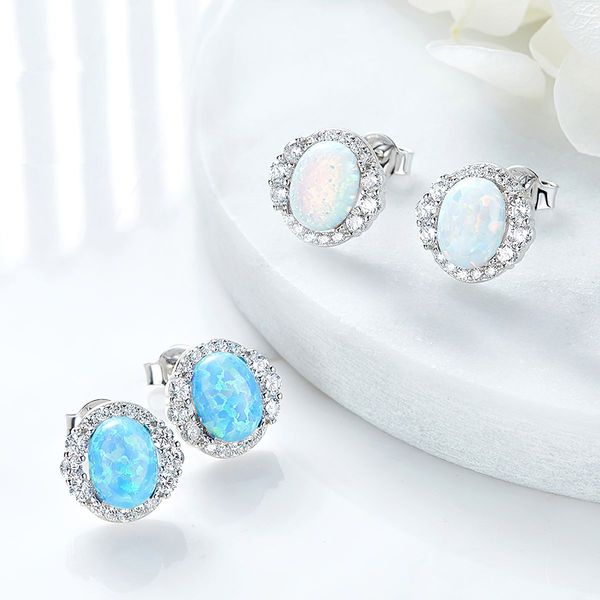 Vintage Round Blue Opal Stone Solitaire Halo Stud Earrings 925 Sterling Silver