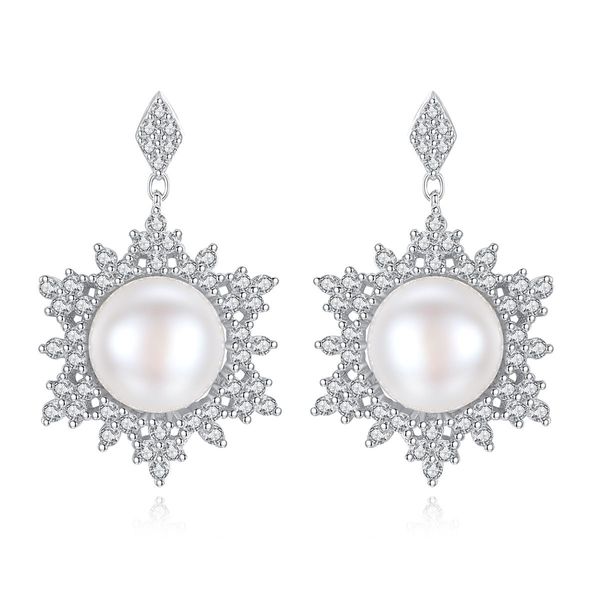 Bridal Snowflake Shape Shell Pearl Stud Earrings 925 Sterling Silver Wedding Jewelry